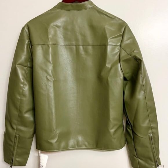 Women's Army Green Faux Leather Zip Up Moto Biker Y2K Racing Bomber Jackets - Picture 2 of 7